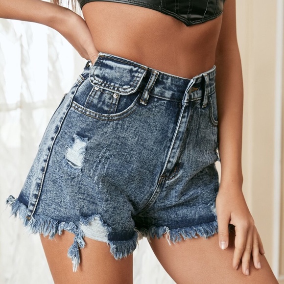 distressed frayed hem med wash denim shorts boho - Picture 5 of 10